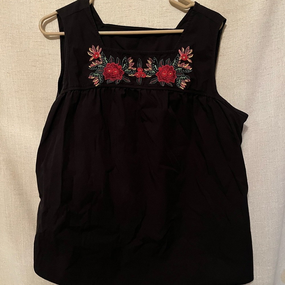 Embroidered Black Peasant Top Size L